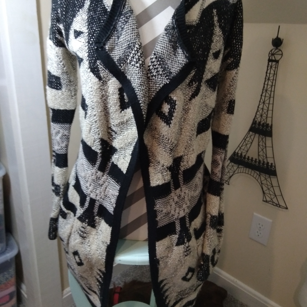 LUCKY BRAND PRINTED KNIT Open Front Cardigan size XS black/brown western print